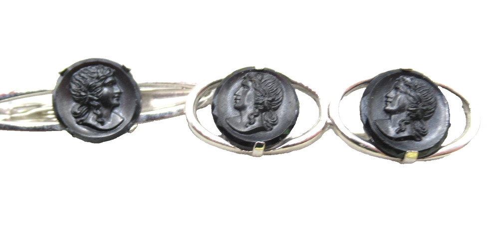 Swank Black Lucite Carved Cameo Cufflinks Tie Bar Clip Set Vintage MCM