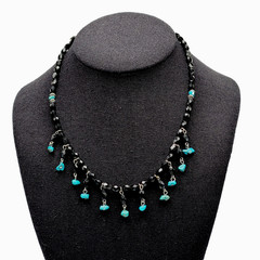 Southwestern Style Black Glass Faux Turquoise Beaded Fringe Vintage Necklace