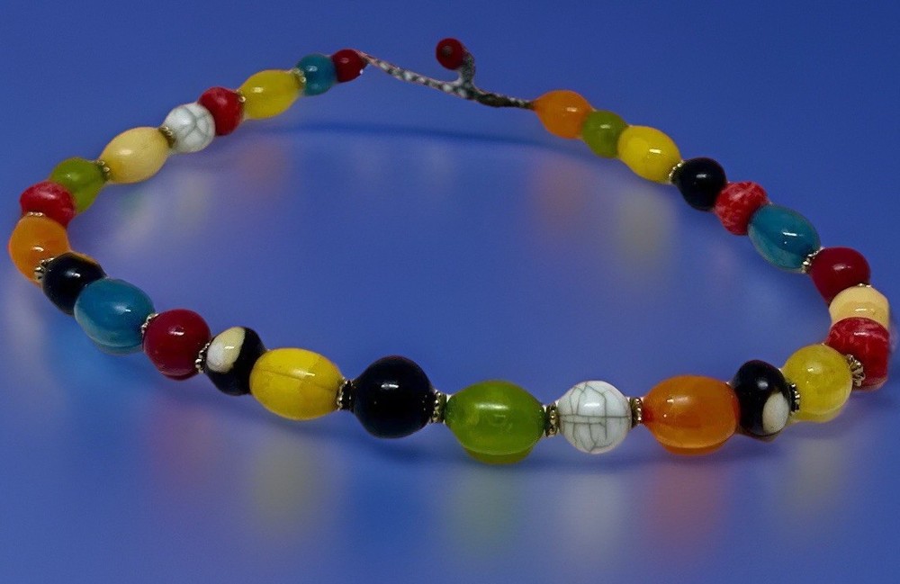 Vintage 70s Colorful Green Red Blue Black Yellow Beaded White Multi Aprox. 16”
