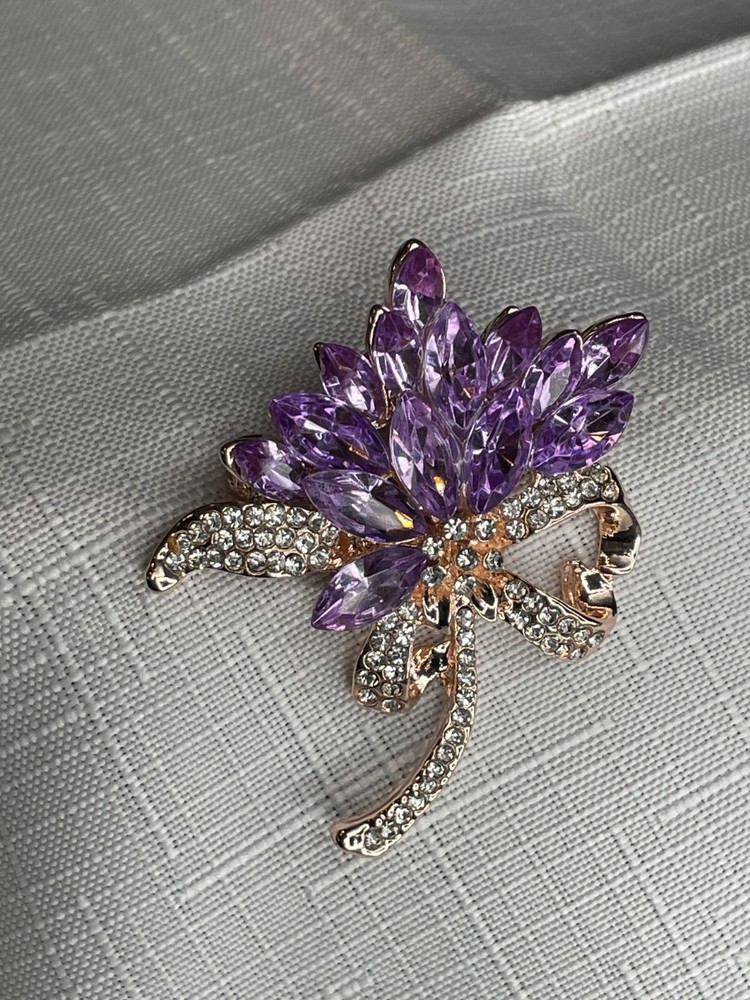 Lavender Clear Rhinestones Bouquet Brooch gold-tone