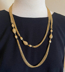 Vintage Long Gold Tone Multi Strand Chain Necklace Filigree Textured Balls 51″