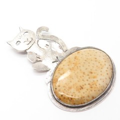 925 Sterling Silver Vintage Real Fossil Cat / Kitten & Turtle Pendant