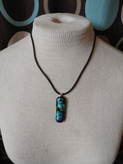 Vintage necklace precious metal foil art glass pendant on neoprene cord 19″