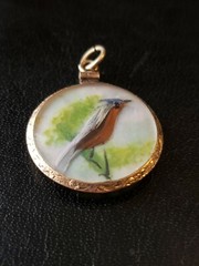Victorian Era Double Sided Bird Feather on MOP Scene Pendant Gold Filled Frame