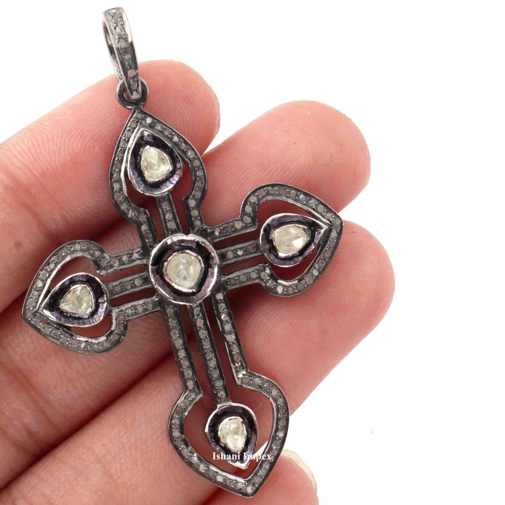 Natural Rosecut Diamond Uncut Polki 925Sterling Silver Victorian Pendant Jewelry