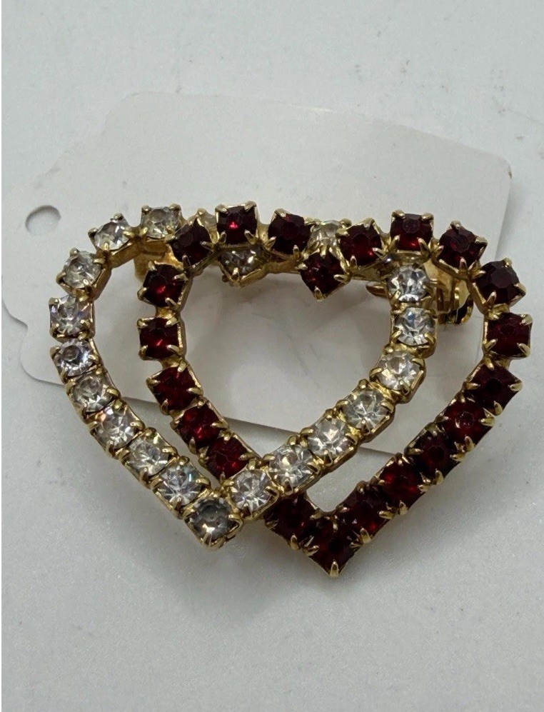 Vintage Red & Clear Crystal Rhinestone Prong Set Dual Heart PinInactive