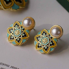 Vintage Enamel Flower Brooch Earring Pearl Women Clothing Party Accessories Gift