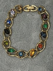 Vintage Rhinestone Bracelet Multi Color Blue Green Purple Gold Tone 7”