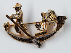 Vintage Damascene Gondolier Oarsman & Woman, Spain, 2″ X 1.25″