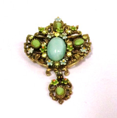 Vintage ART Arthur Pepper Flower Dangle Brooch Teal Glass Gemstones Pin RARE