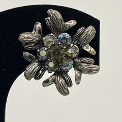 Vintage Selro Selini Aurora Borealis Rhinestone Clip-On Earrings Signed Floral