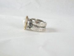Modernist Sterling Silver 925 w 14K Gold Chunky Pearl Ring FITS Size 6.5