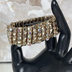 Vintage Goldtone 5 Row Aurora Borealis Rhinestone Bracelet Cuff Expandable