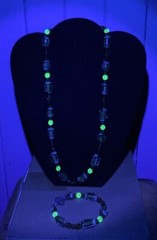 Gorgeous Vintage Necklace And Bracelet Green Glass Beads Sterling Clasps Glows