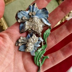 Vintage N.E. New England Glass Works Blue Enamel Flower Brooch Rhinestones 40s