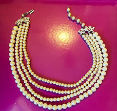 4 strand Layered faux Pearl Necklace White/Silver Bow Hook Closure 2-toned Japan