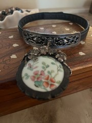 Sterling Silver Vintage Porcelain Leather Choker Statement Necklace