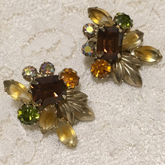Vintage Rhinestone Clip On Earrings Green Brown yellow Fruit Salad Autumnal Fall