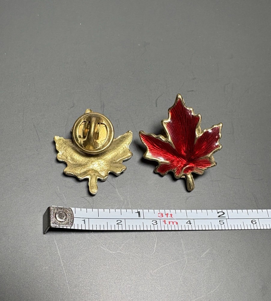 Vintage BALLOU Signed Red Enamel Canadian Maple Leaf Lapel Pin Gold Tone