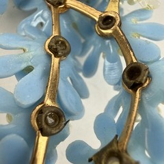MCM Plastic Earrings Climbers Half Moon Clip On Blue Floral Rhinestone 3” Vtg