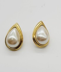 Monet Clip On Earrings Gold Tone Faux Pearl Teardrop .75 in Chunky Vintage