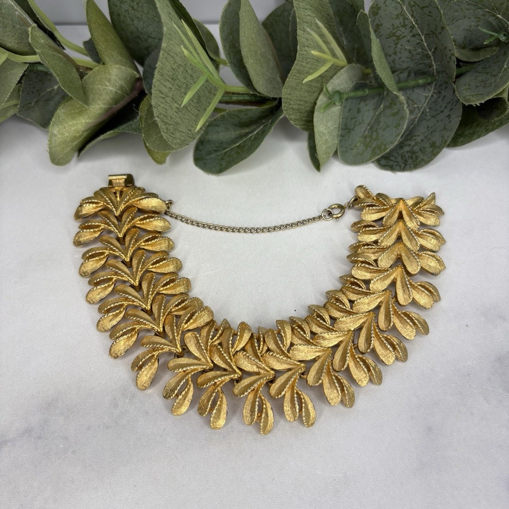 Vintage Signed Francois Brushed Gold Tone Leaf Design Wide Bracelet Safety Chain