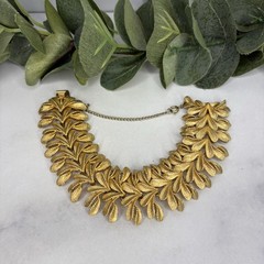 Vintage Signed Francois Brushed Gold Tone Leaf Design Wide Bracelet Safety Chain