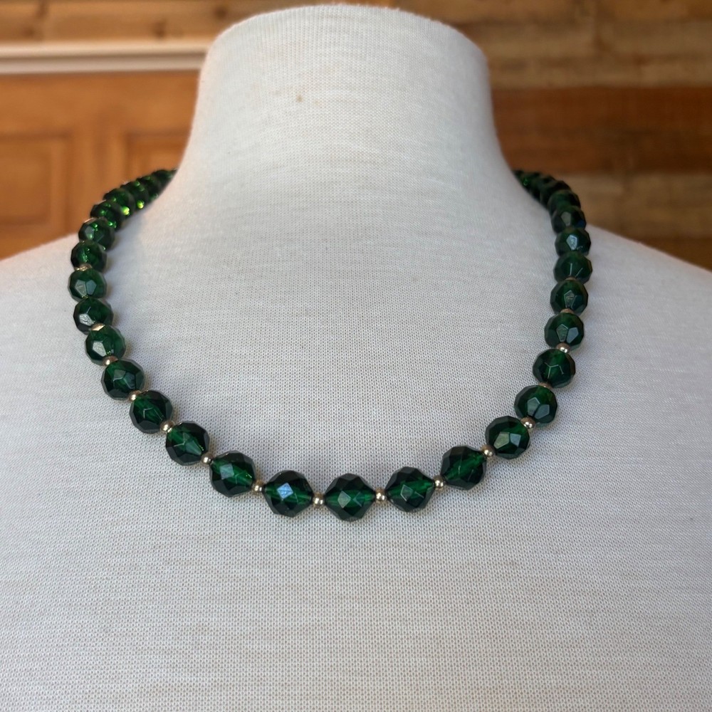 Czech Art Deco Emerald Green Faceted Glass Bead Necklace Vintage Style