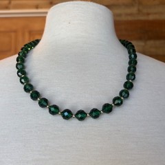 Czech Art Deco Emerald Green Faceted Glass Bead Necklace Vintage Style