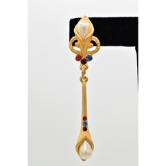 Vintage Pearl Crystal Dangle Earrings Drop Brushed Gold Matte NOS 1980s BinBK