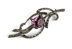 Sterling Silver Antique Edwardian Amethyst & Marcasite Brooch Pin Trombone Clasp