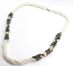 Vtg Rice Pearl & Hematite Multi Strand Twisted Beaded Statement Station Necklace