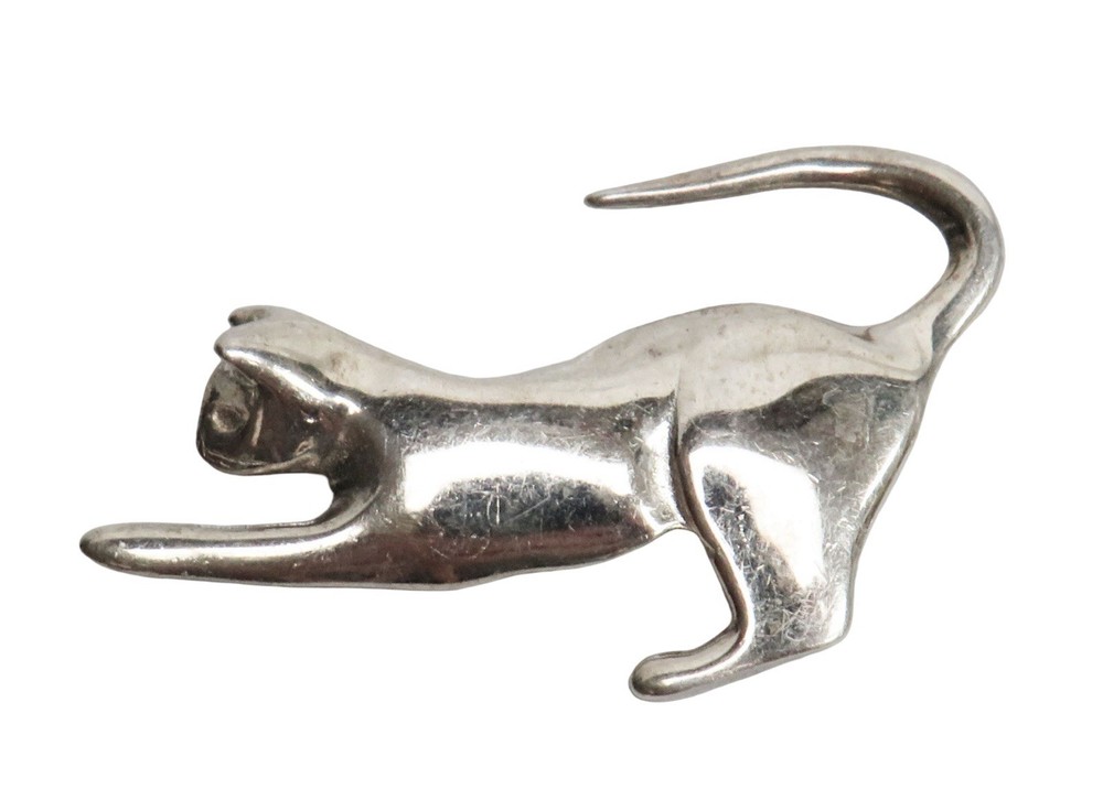R Nichols Cat Stretching Sterling Silver Pinback Brooch