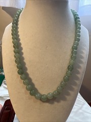 Heavy Green Jadeite Jade 9mm Beads Carved 19″ Necklace