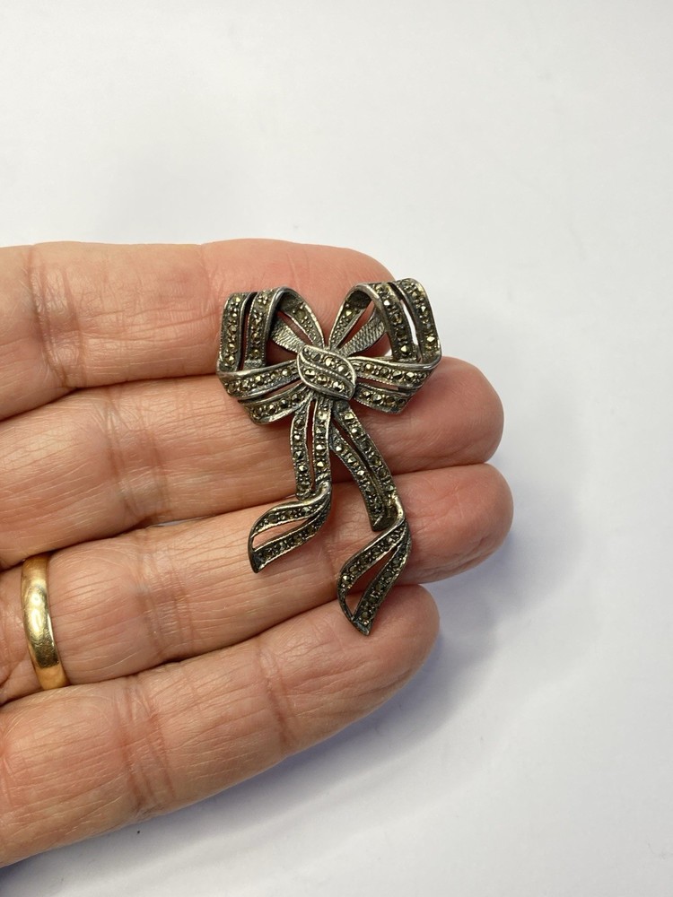 Vintage Ribbon Bow Brooch Pin 925 Sterling Silver Marcasite Rhinestone 11.5 g