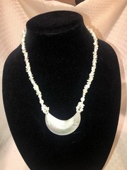 Vintage Mother of Pearl Crescent Moon Pendant Necklace White Heishi Shell Beads
