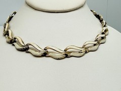 Vintage Choker Necklace Retro Gold Tone Cream Enamel Mid Century Chain 15 inch