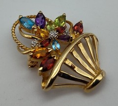 Vintage Colorful Stones Flower Basket 14K Yellow Gold Brooch Pin