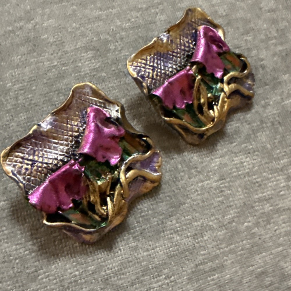 Big Bold Vintage 1980s Memphis Polymer Clay Clip On Earrings Abstract Metallic