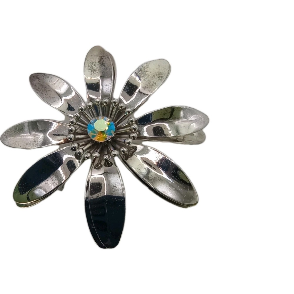 Vintage Enamel Flower Brooch Pin Aurora Borealis Ctr Silver Tone Lg 2 1/2 in D