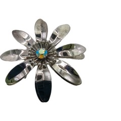 Vintage Enamel Flower Brooch Pin Aurora Borealis Ctr Silver Tone Lg 2 1/2 in D