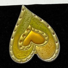 Y2K Vintage Laurel Burch Signed Heart Brooch Green Yellow Enamel Jewelry Pin Art