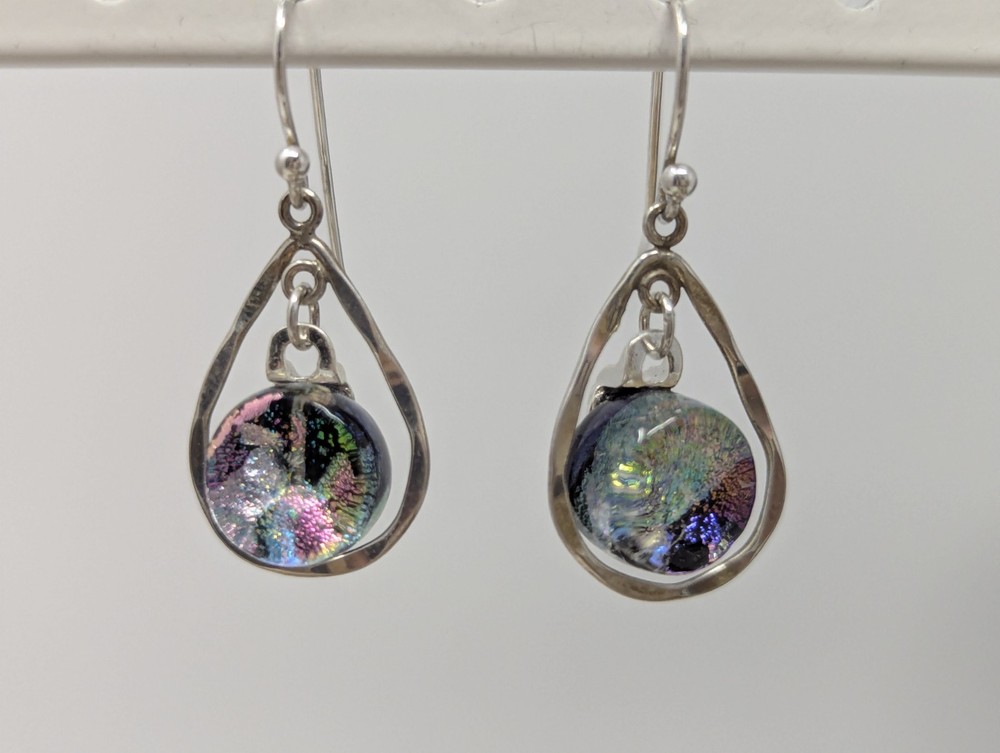 925 Sterling Silver Dichroic Glass Drop Earrings Teardrop Dangle 1.25″