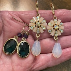 Dangle Earrings 4 Pair – Black, Filigree Heart, Pink Rhinestone & Faceted Green
