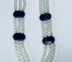 Vintage Black Onyx & Clear Quartz Triple Strand Beaded Elegant Necklace 15″ Long