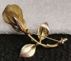 ANNE KLEIN Signed AK Vintage Gold Tone Mesh Textured Rose Stem 2 1/8″ Pin!