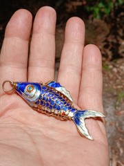 Vintage Enamel Articulated Fish Large Pendant Charm Blue & Silver Gold Tone 3″
