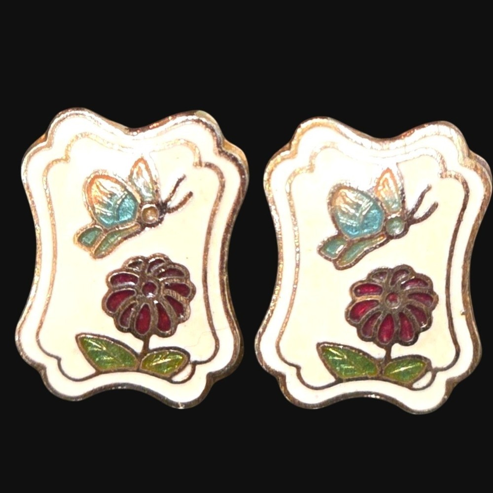Vintage Cloisonné Butterfly Floral Earrings Garden Jewelry Enamel Summer Spring