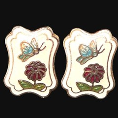 Vintage Cloisonné Butterfly Floral Earrings Garden Jewelry Enamel Summer Spring