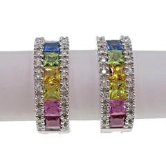 Fabulous 14k Solid White Gold Natural Rainbow Sapphire Diamond Hoop Earrings